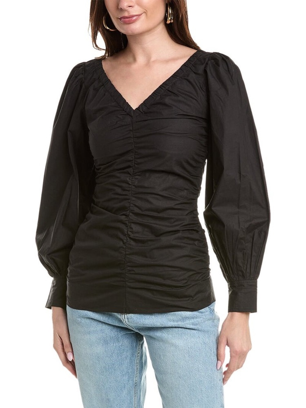 B37 Ganni Women’s 36/Small/4 Black Ruched Double V-Neck Puff Sleeve Blouse